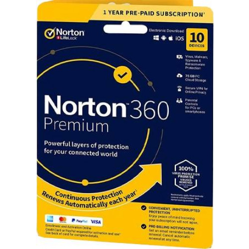 Norton 360 Premium + 75 GB Cloud storage - 10 lic. 12 mes.
