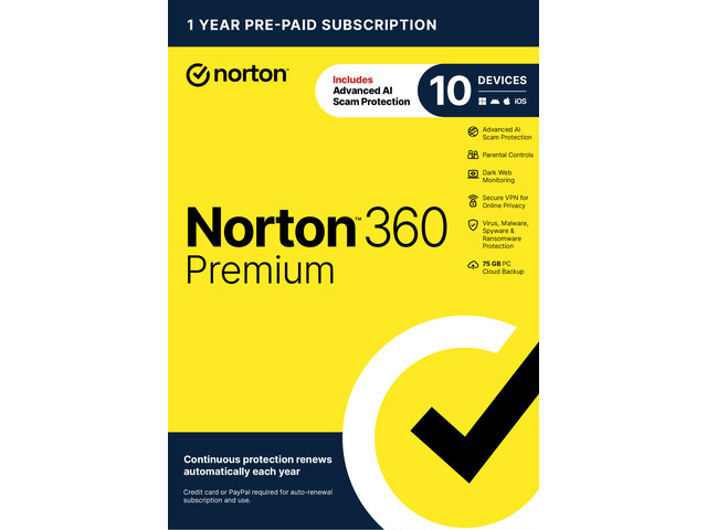 NORTON 360 PREMIUM 75GB 1 užívatel na 10 lic. 36 mes.